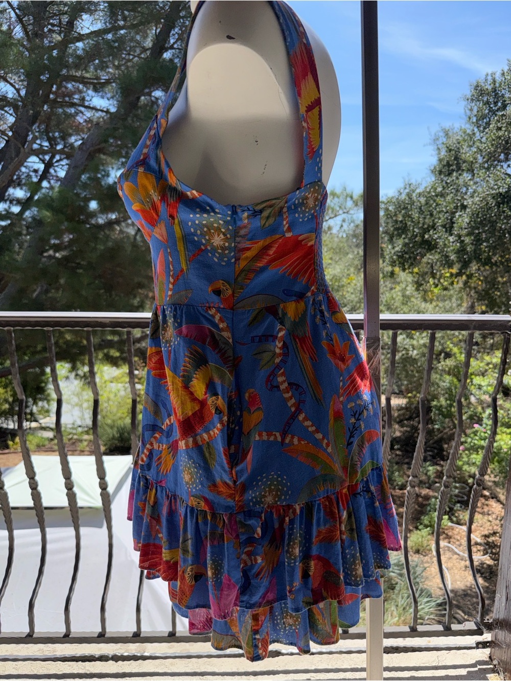 Farm Rio dress mini Blue pockets Tropical parrots Sundress linen-Ruffle hem - XL - Picture 6 of 17
